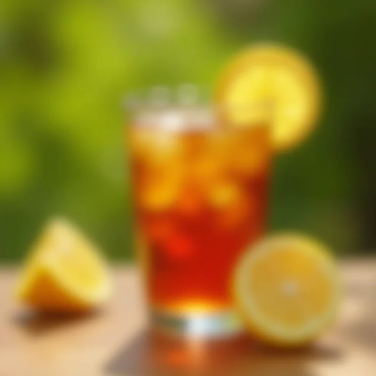 Mulher bebendo chá preto gelado com limão e especiarias em ambiente externo.