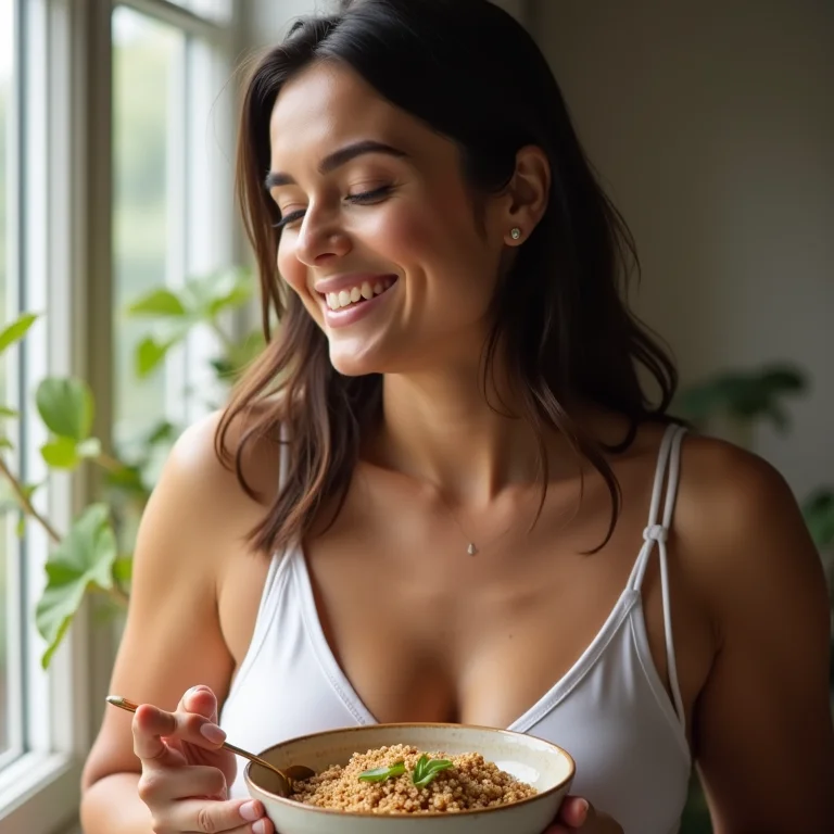 Mulher branca se sentindo energizada após café da manhã com quinoa