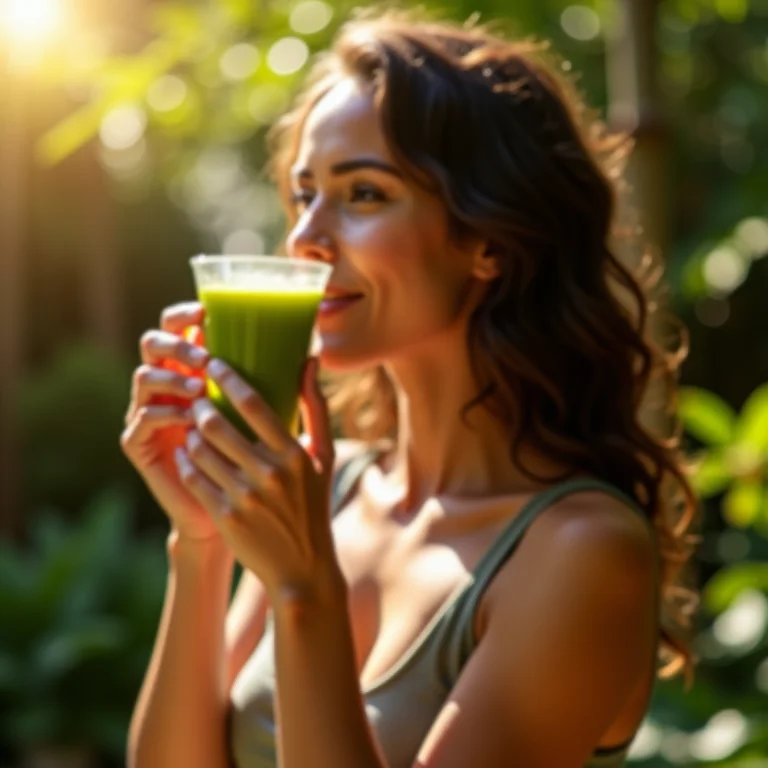 Mulher brasileira bebendo matcha em um jardim ensolarado.