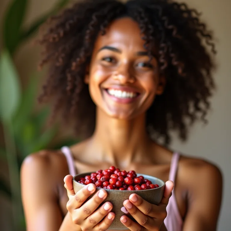 Mulher brasileira sorrindo com pimentas rosas.