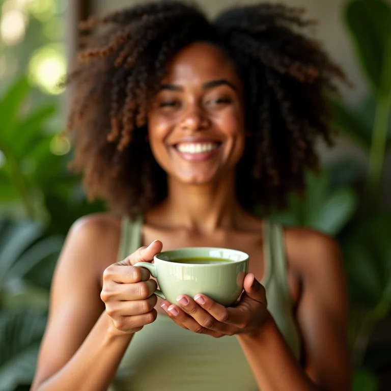 Mulher brasileira sorrindo com xícara de matcha.