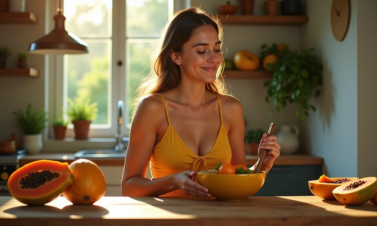 Mulher brasileira tomando café da manhã com mamão em uma cozinha iluminada.