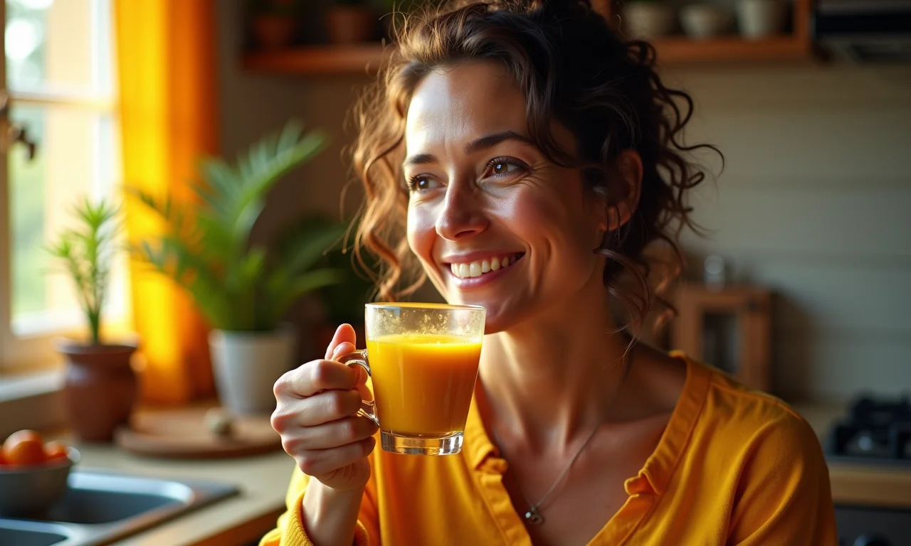 Mulher brasileira tomando shot matinal de chá para imunidade.