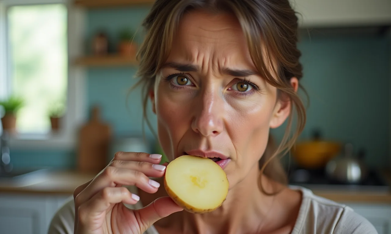 Mulher cheirando batata cortada com expressão de desgosto.