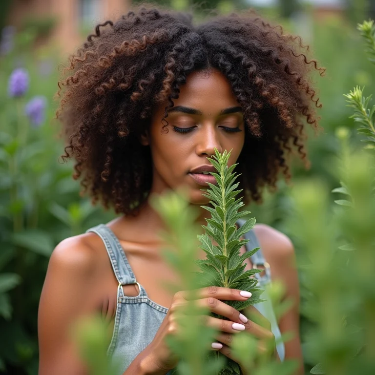 Mulher cheirando orégano grego fresco no jardim.