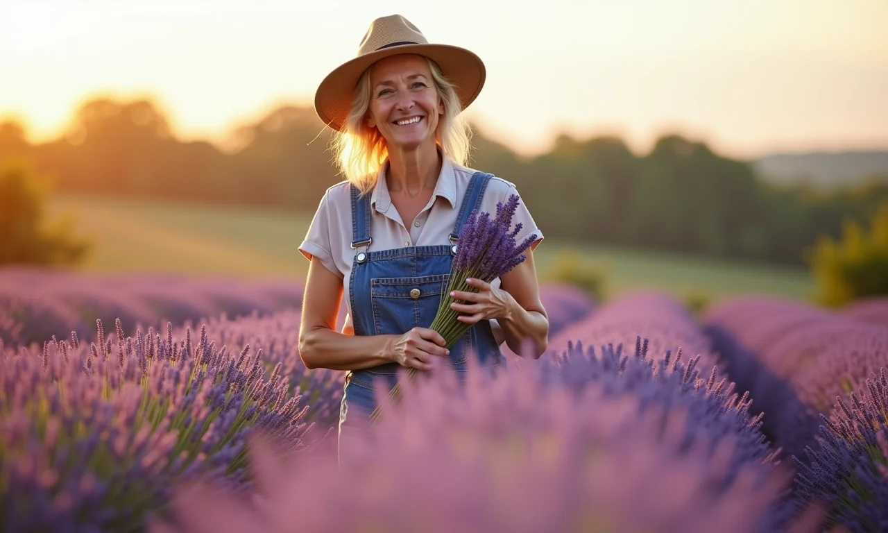 Mulher colhendo lavanda em campo ensolarado no Brasil.