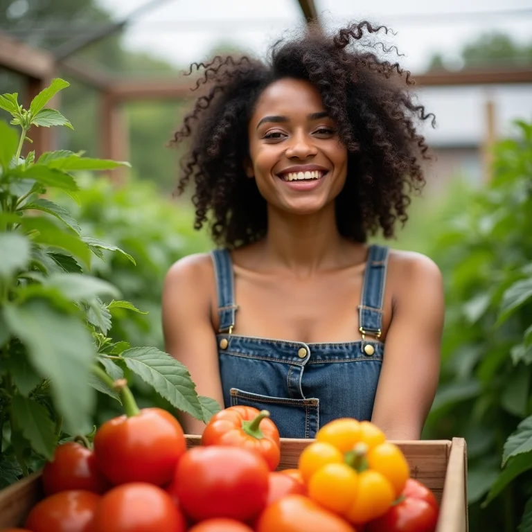 Mulher colhendo vegetais frescos em sua horta.