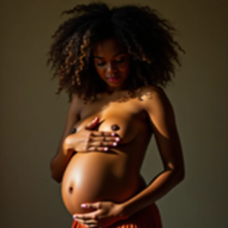 Mulher com cabelo cacheado tocando levemente o abdômen