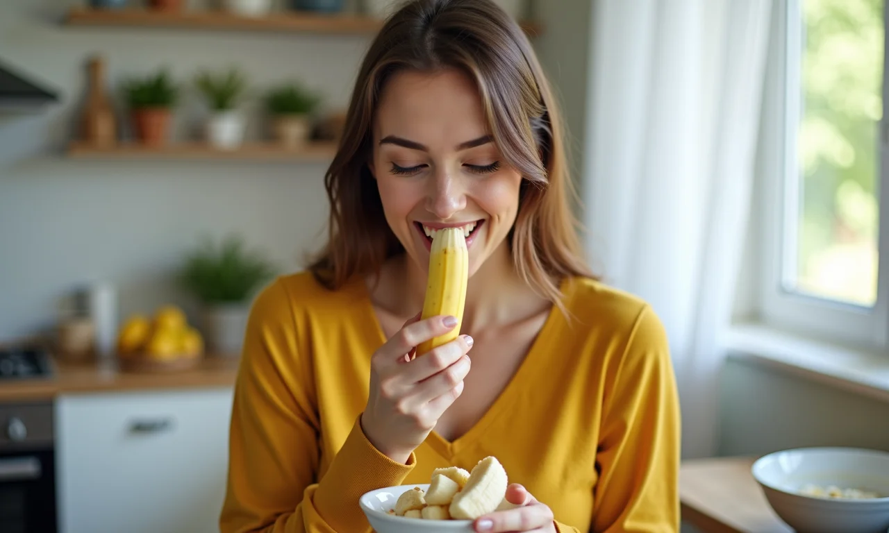 Mulher comendo banana em cozinha iluminada, representando a fácil digestão.