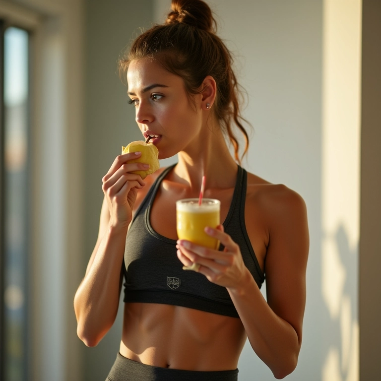 Mulher consumindo banana nanica após o treino.
