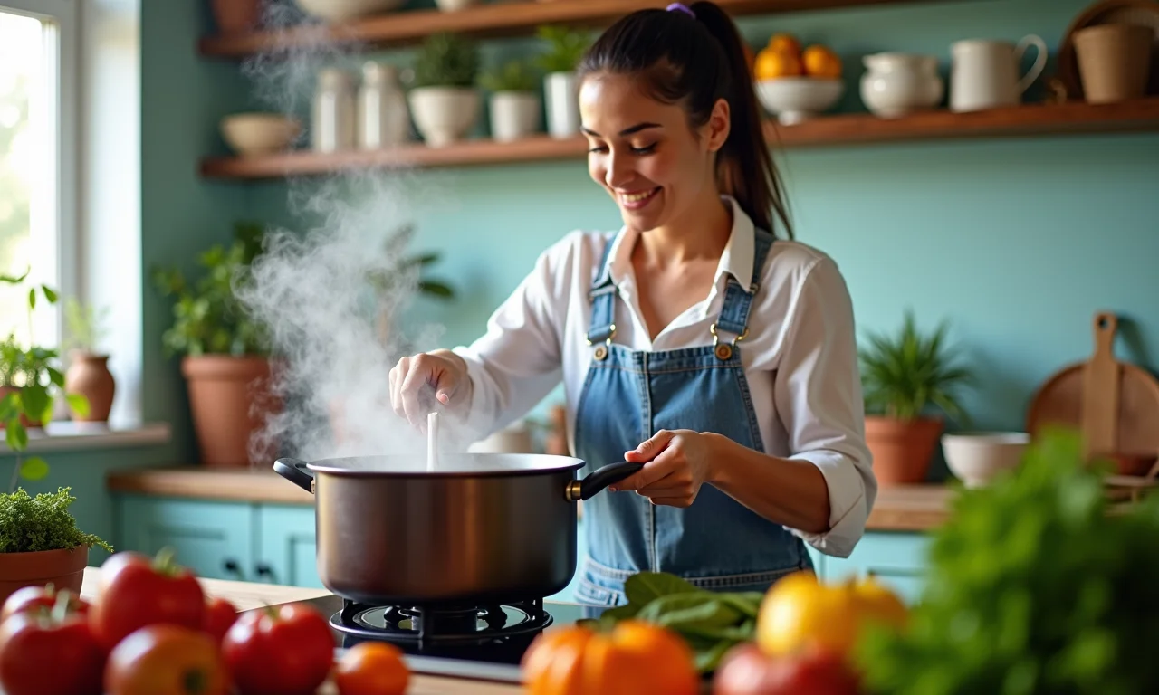Mulher cozinhando mandioca em uma cozinha colorida.