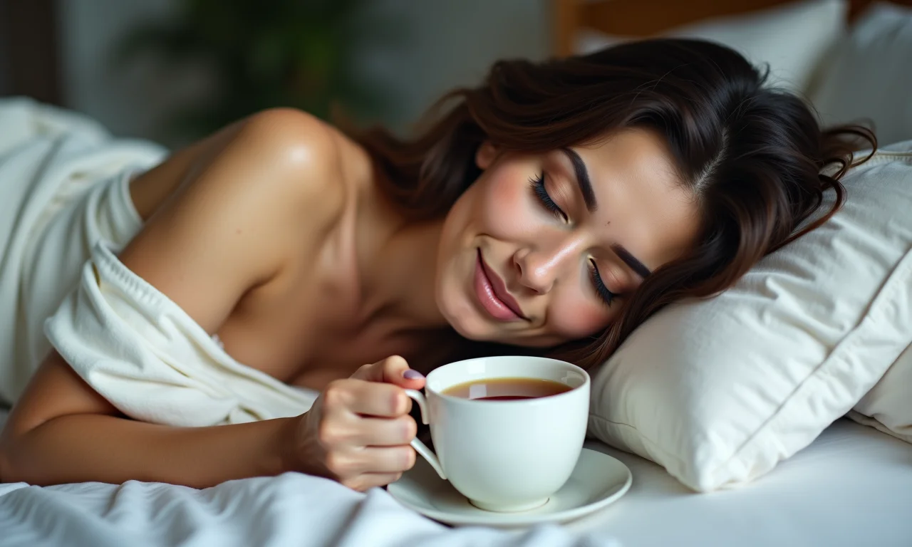 Mulher descansando na cama com uma xícara de chá.