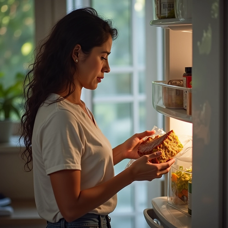 Mulher descartando alimentos vencidos da geladeira.