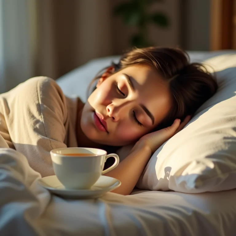 Mulher dormindo tranquilamente com chá de jasmim na mesa de cabeceira.