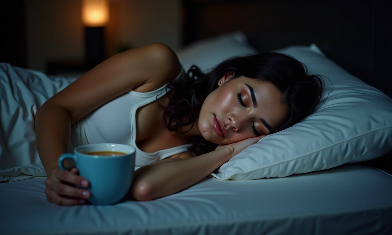 Mulher dormindo tranquilamente com xícara de chá ao lado.