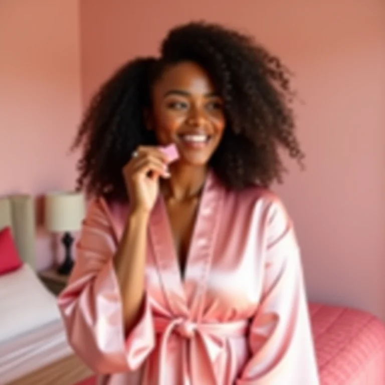 Mulher em quarto rosa minimalista e moderno