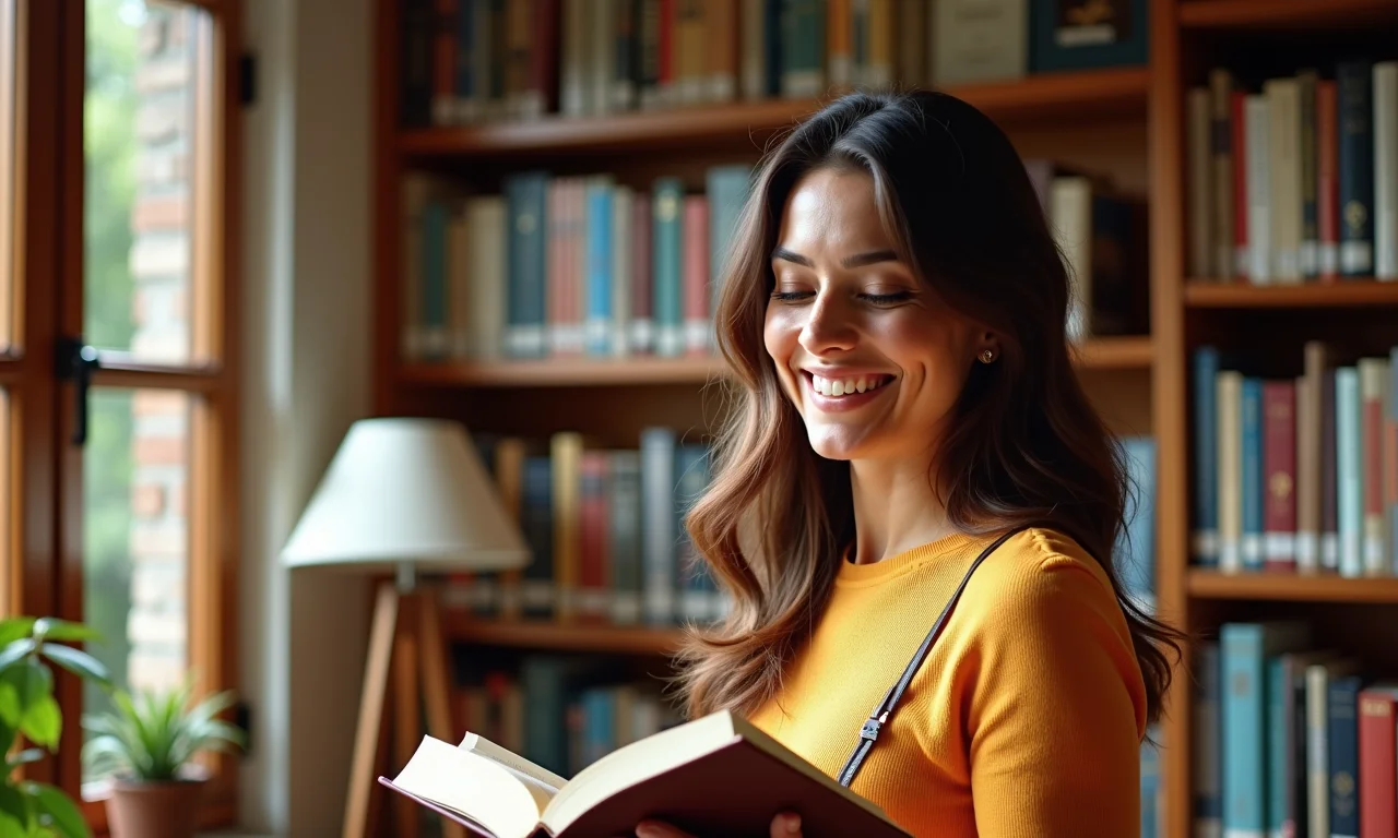 Mulher encontra livro facilmente em estante organizada por assunto e cor.