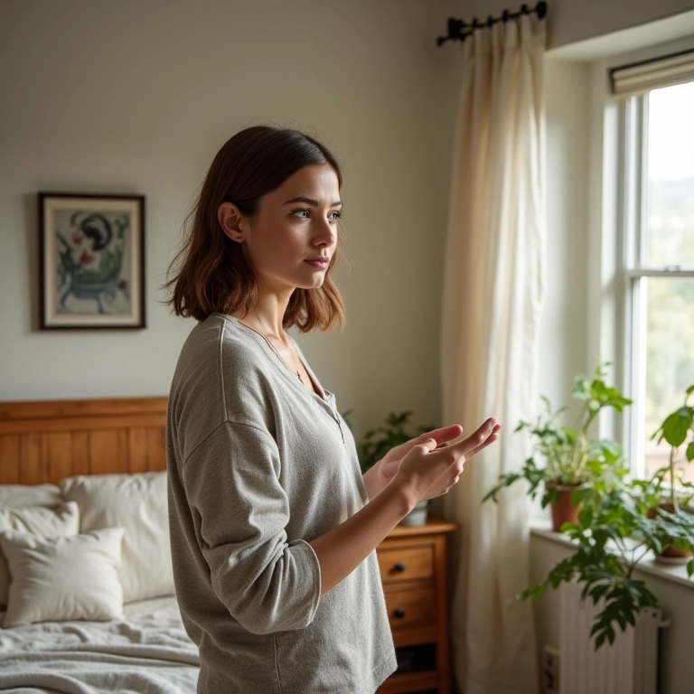 Mulher escolhendo decoração simples e barata para quarto de casal.