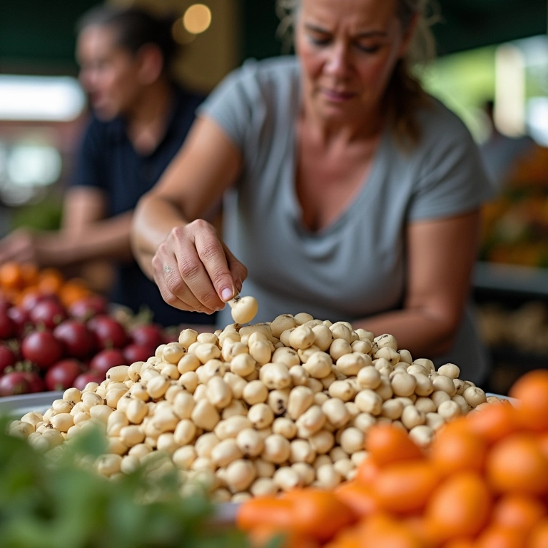 Mulher escolhendo feijão branco fresco em feira brasileira colorida.