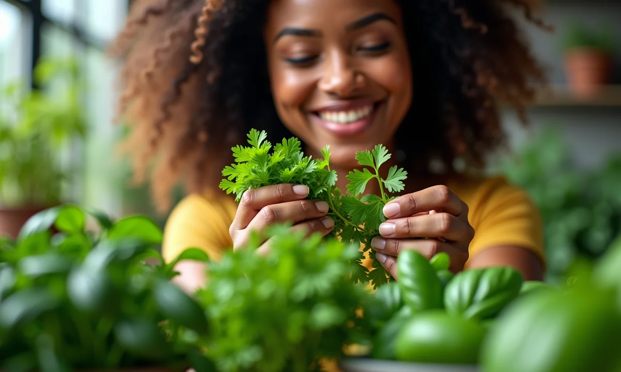 Mulher escolhendo variedades de cheiro-verde para plantar em casa.