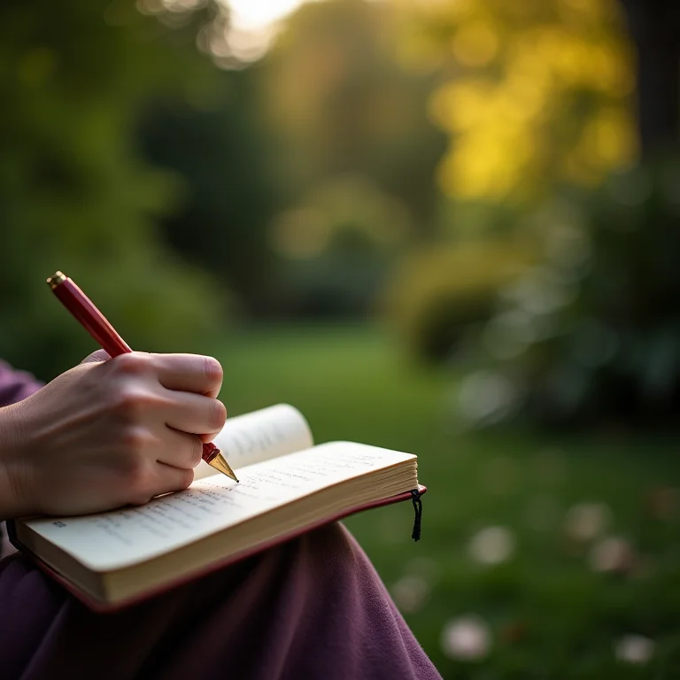 Mulher escrevendo em um diário ao ar livre.