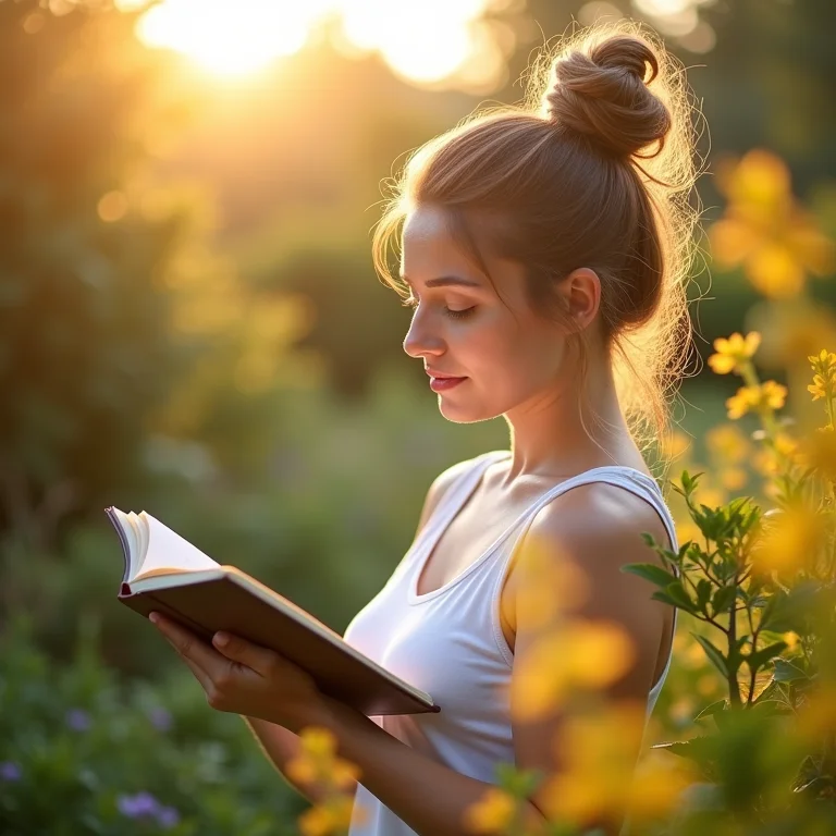 Mulher escrevendo em um diário em um jardim ensolarado