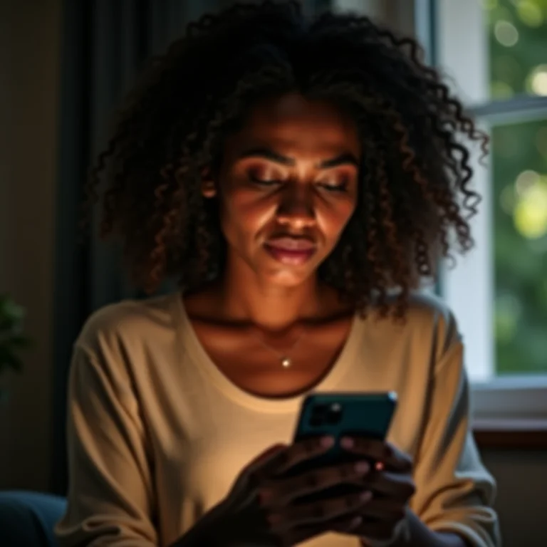 Mulher frustrada olhando para o celular.