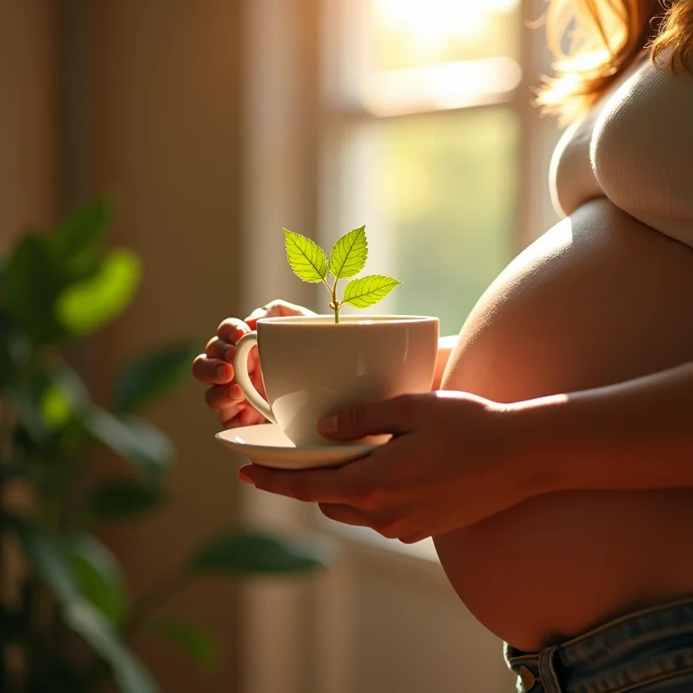 Mulher grávida segurando uma xícara de chá de urtiga em uma cozinha iluminada