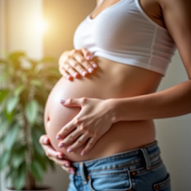 Mulher grávida tocando a barriga com sinal de alerta
