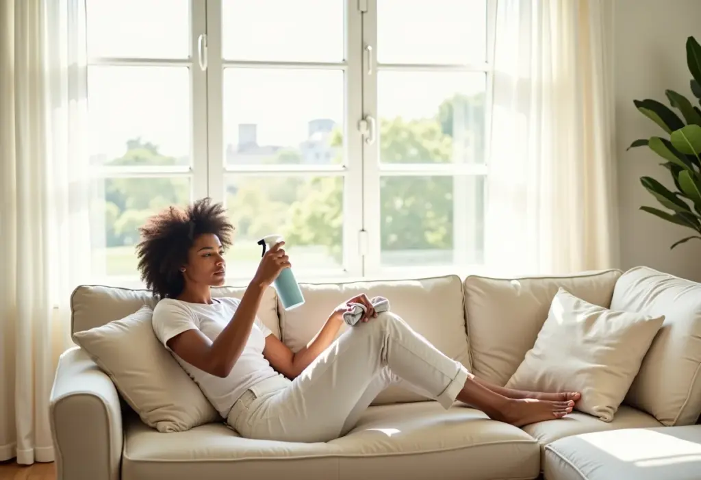 Mulher higienizando sofá de linho claro em sala iluminada.