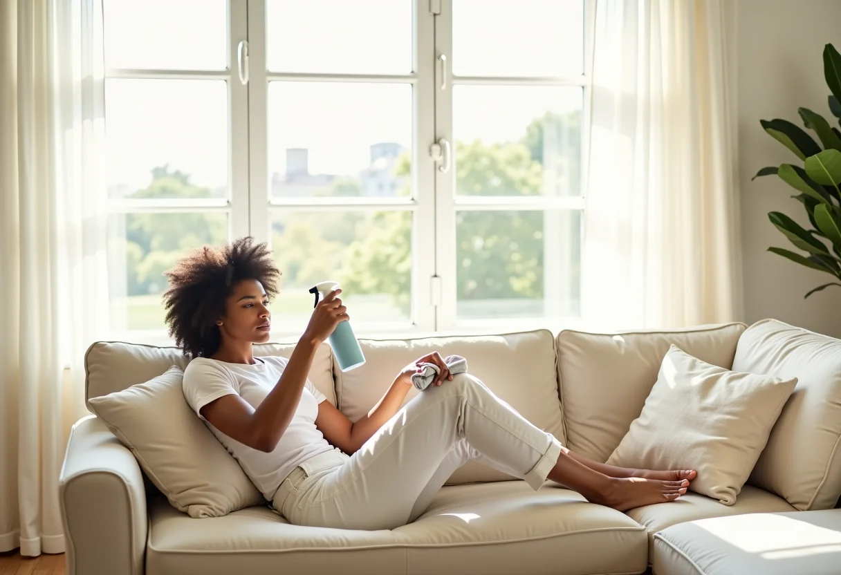 Mulher higienizando sofá de linho claro em sala iluminada.