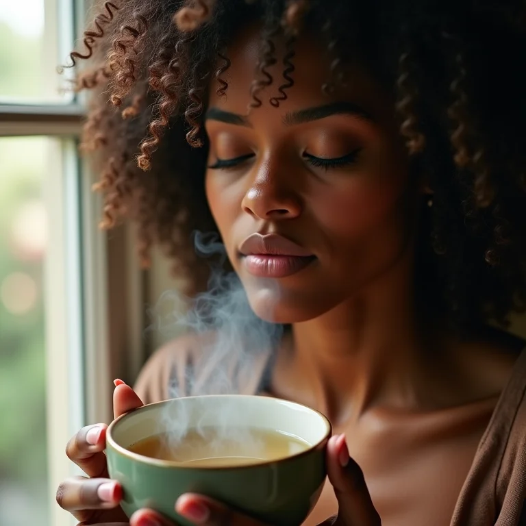 Mulher inalando vapor de chá de tomilho para aliviar a sinusite.