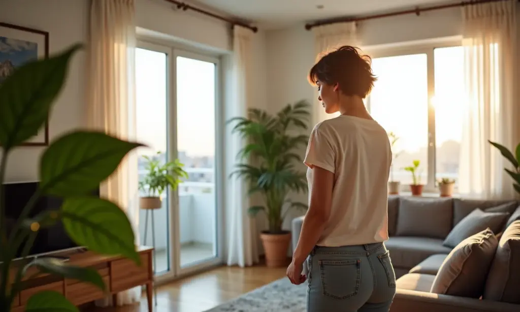 Mulher jovem organizando apartamento pequeno e aconchegante.