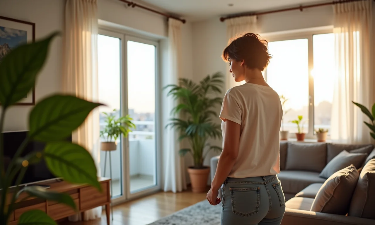 Mulher jovem organizando apartamento pequeno e aconchegante.