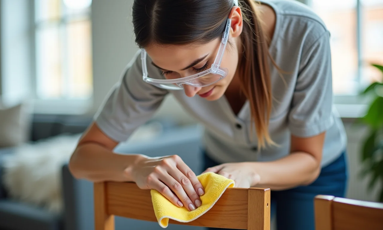 Mulher limpando cadeira de madeira antes da pintura, usando óculos de proteção.