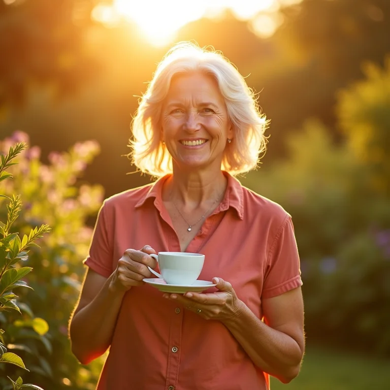 Mulher madura bebendo chá em jardim ensolarado