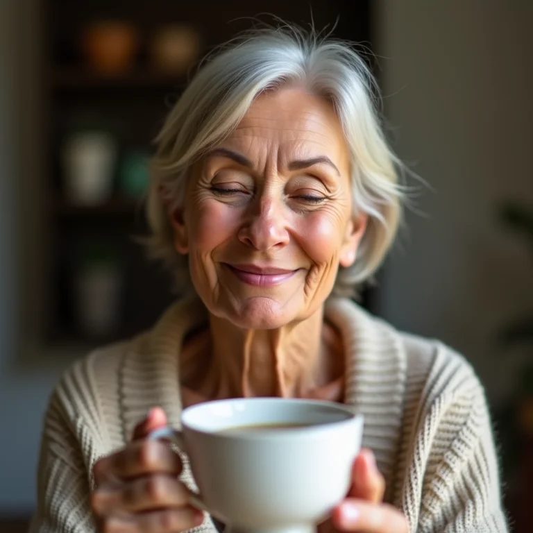 Mulher madura sorrindo enquanto bebe chá de amora