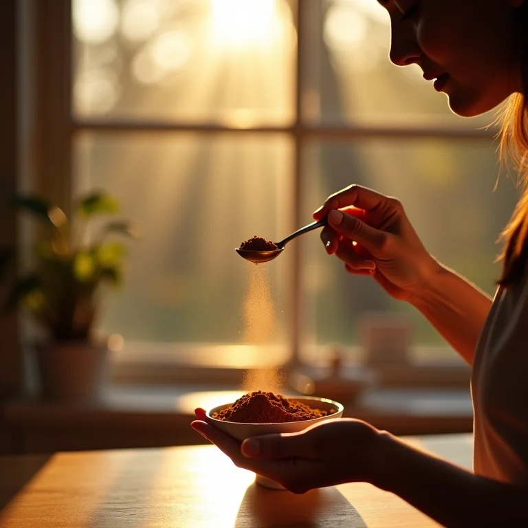 Mulher medindo canela em pó com uma colher