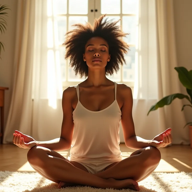 Mulher meditando em um ambiente tranquilo e iluminado.
