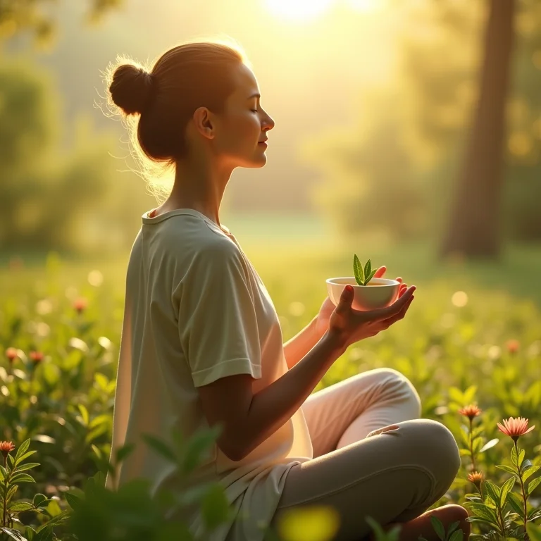 Mulher meditando na natureza com chá de oliveira, alívio anti-inflamatório.