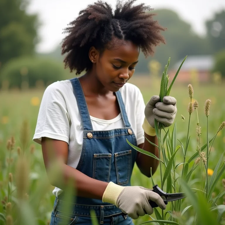 Mulher morena cuidando de plantas de cavalinha em um jardim sustentável.