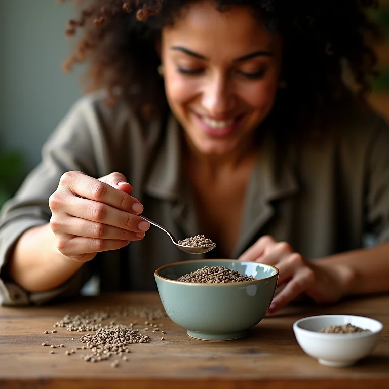 Mulher negra dosando sementes de alcaravia com colher