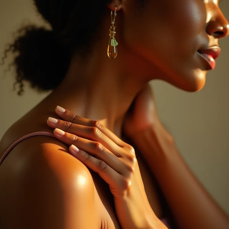 Mulher negra massageando óleo de sucupira nos ombros