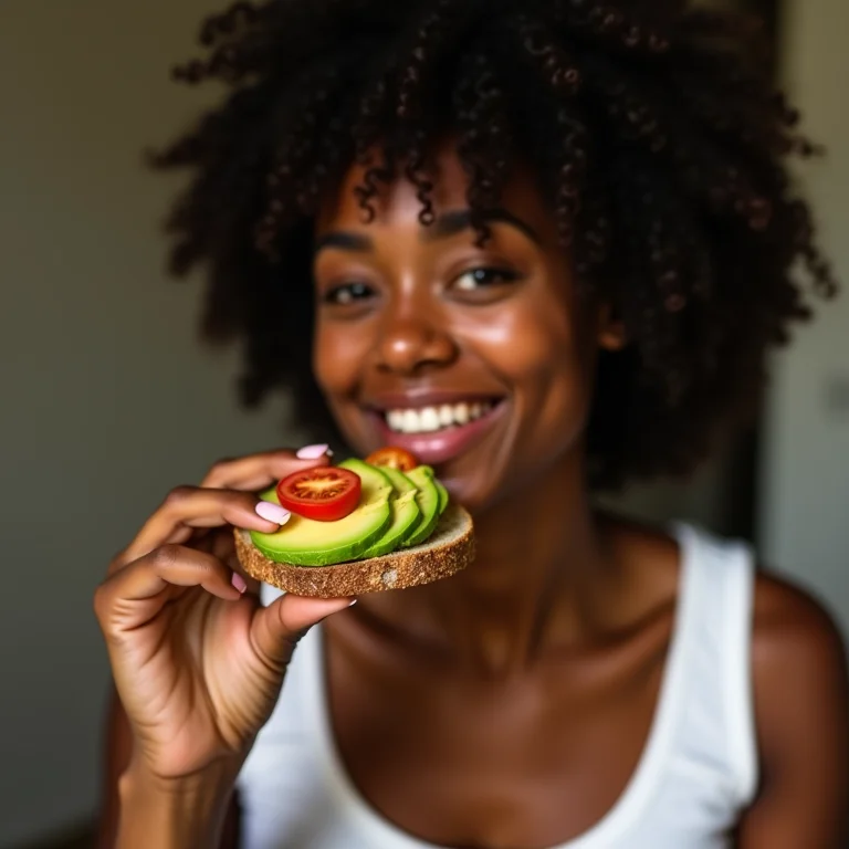 Mulher negra saboreando pão de quinoa com abacate