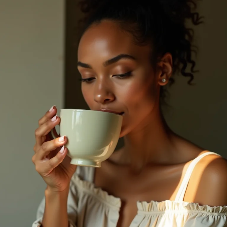 Mulher negra sorrindo bebendo chá de cavalinha.