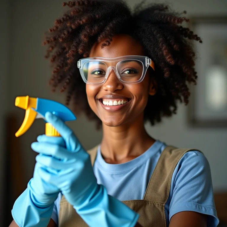 Mulher negra usando EPIs para limpeza de carro