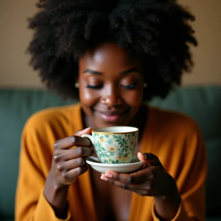 Mulher parda bebendo chá de sucupira em xícara de cerâmica