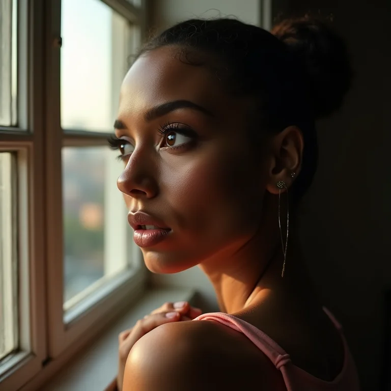 Mulher pensativa olhando pela janela.