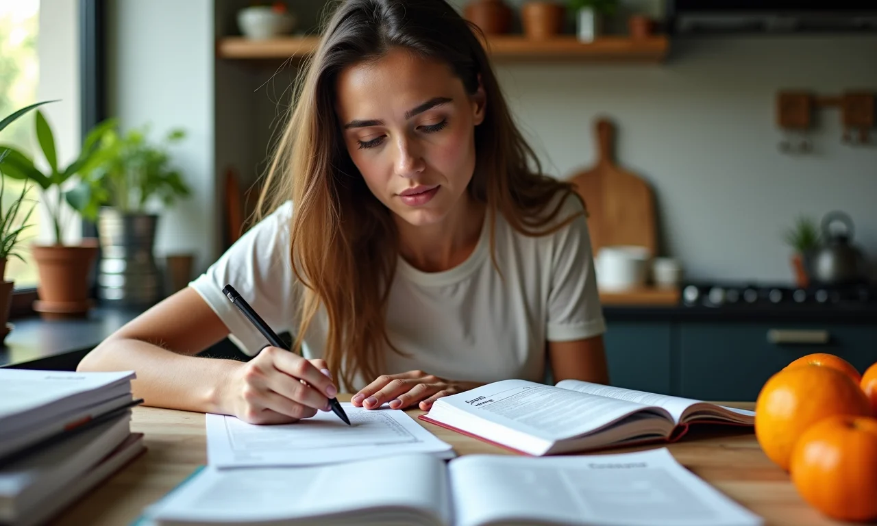 Mulher planejando lista de compras para atacado em cozinha.