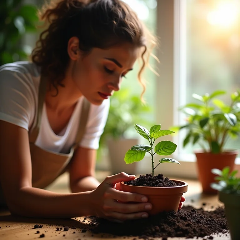 Mulher plantando muda de tempero em vaso com terra.